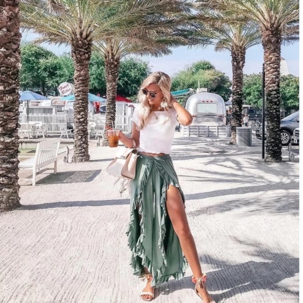 Boho sage ruffle detail slit palazzo pants Lounge - Picture 7 of 8
